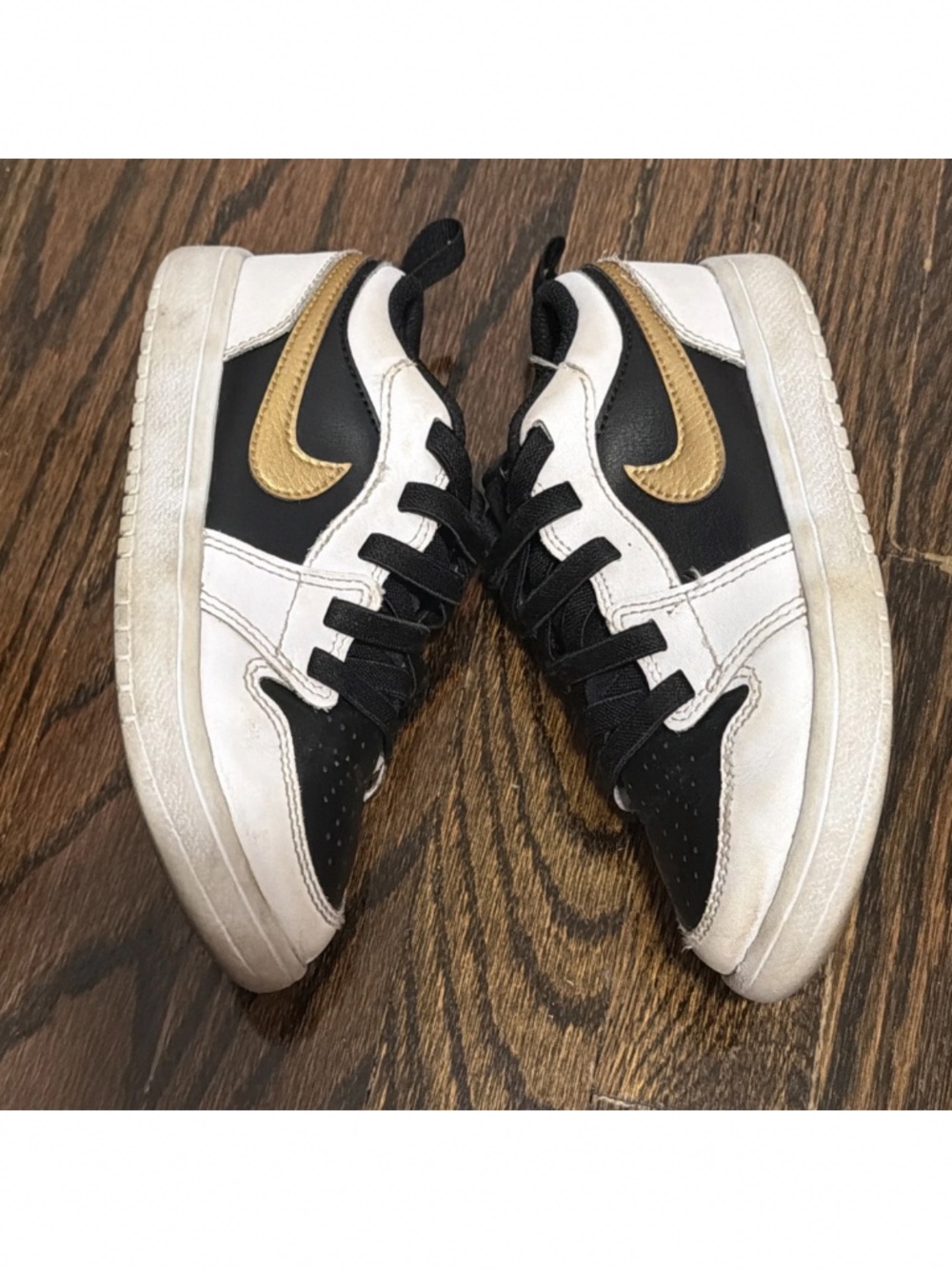 Nike Air Jordan 1 Low White Black And Gold Hook Loop Kids 13C Shoes
